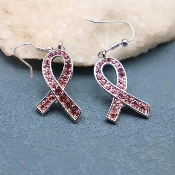 Breast Cancer Awareness Dangle Earrings Pink Rhinestones Silver Tone 1 1/4 Inch - Picture 8 of 11